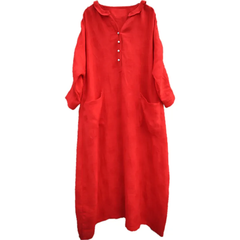 Label Collar Red Women Linen Summer Dresses Buttons Sleeve Long Women Dresses Z972912