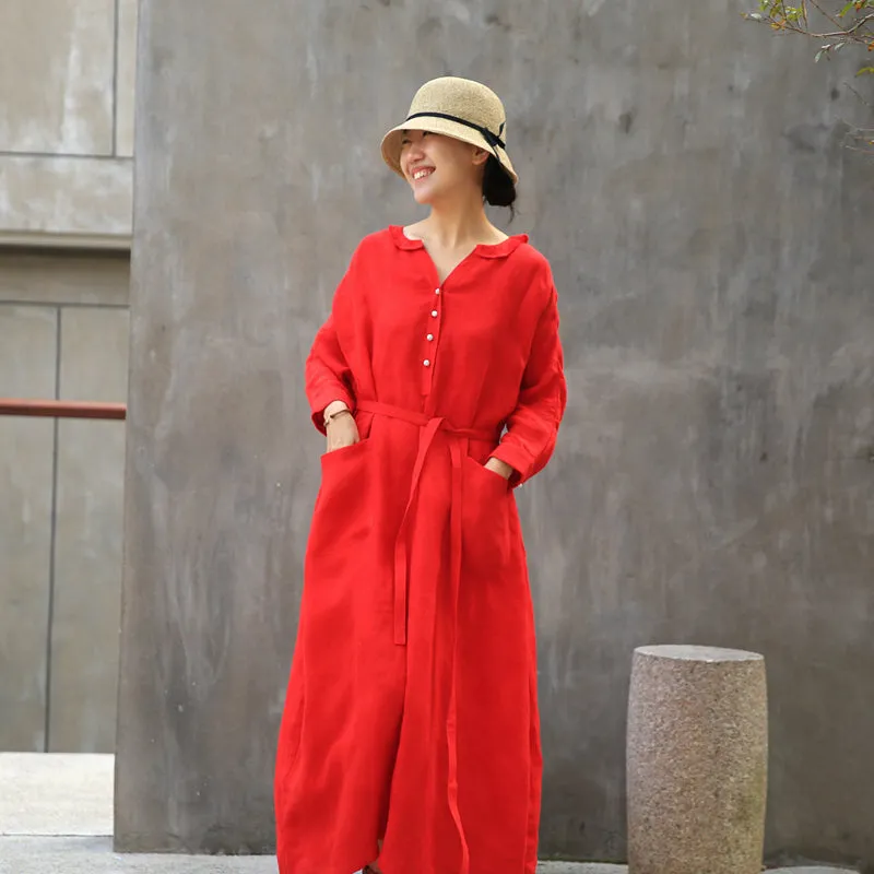 Label Collar Red Women Linen Summer Dresses Buttons Sleeve Long Women Dresses Z972912