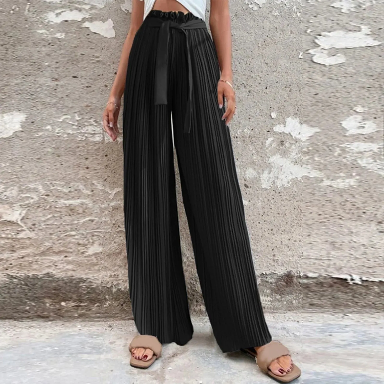 Lace-up Wide Fall Winter Fashion High Waist Casual Solid Long Straight Streetwear Elegant Pants