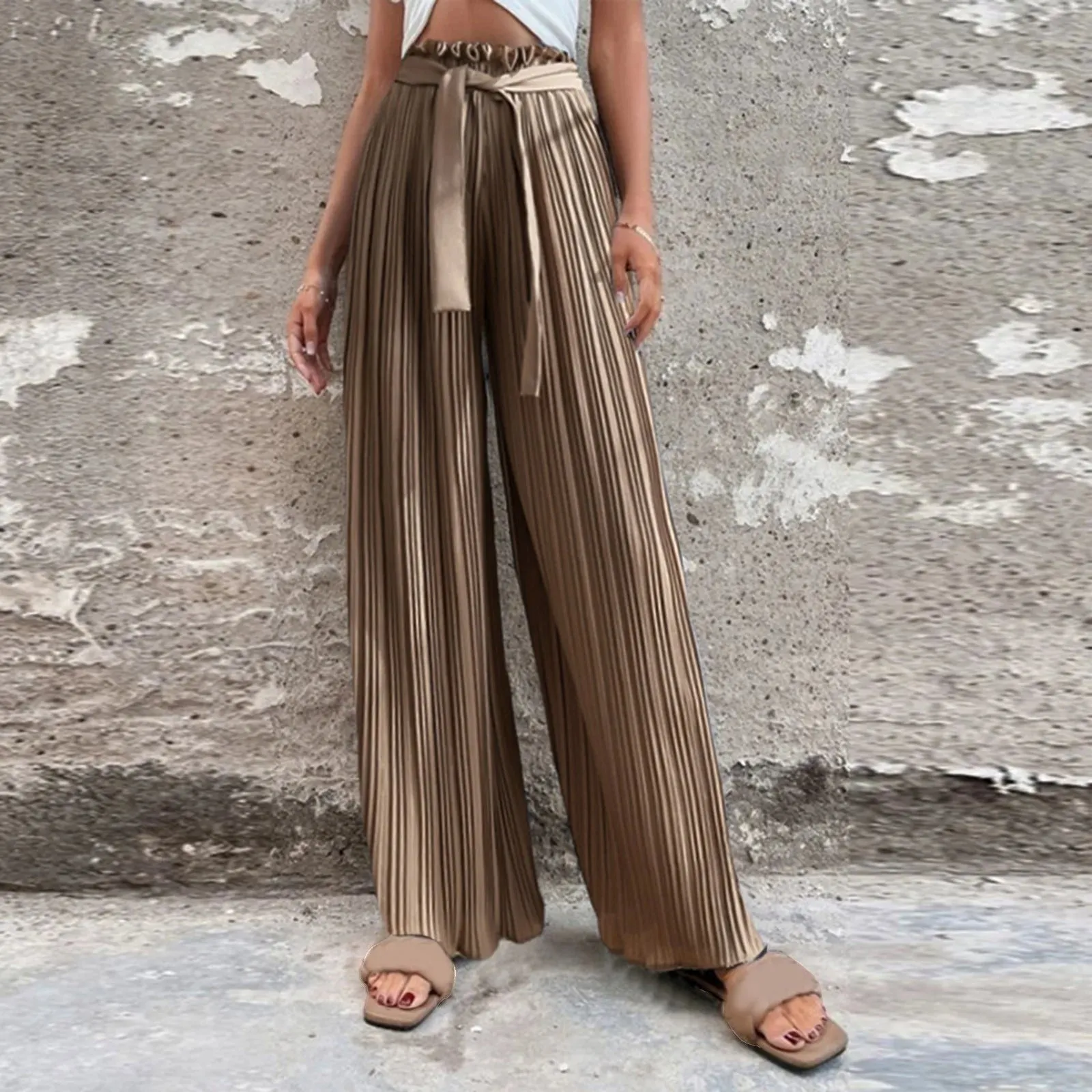 Lace-up Wide Fall Winter Fashion High Waist Casual Solid Long Straight Streetwear Elegant Pants