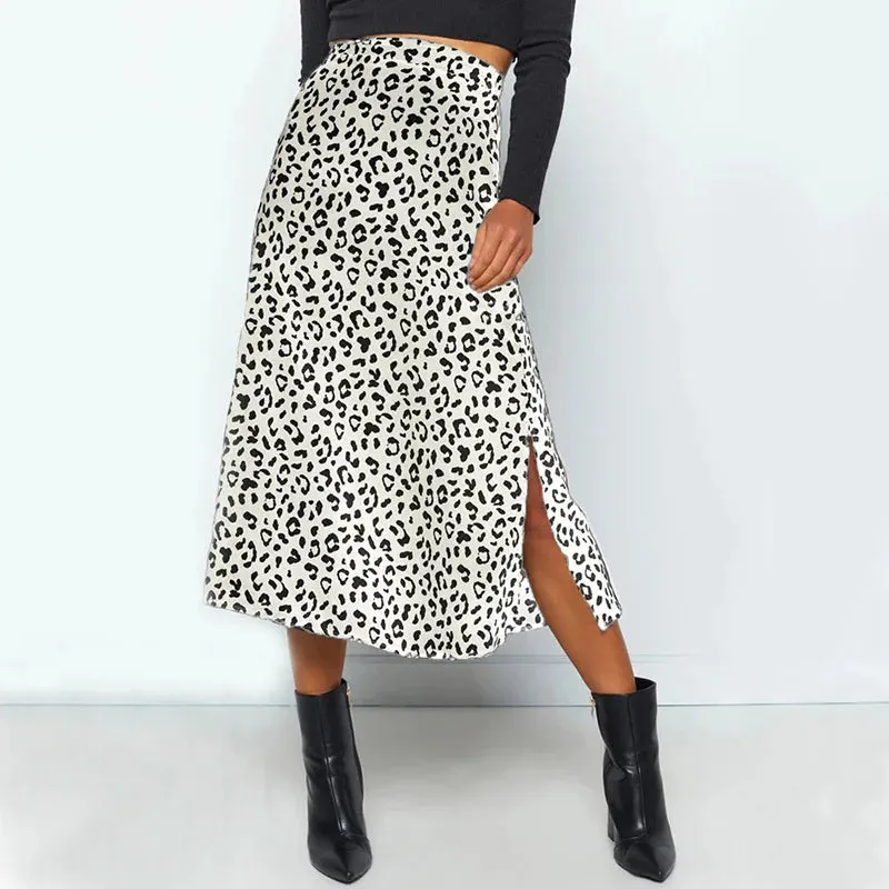 Leopard Print Split Long Skirt