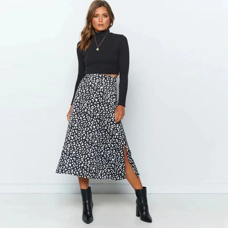 Leopard Print Split Long Skirt