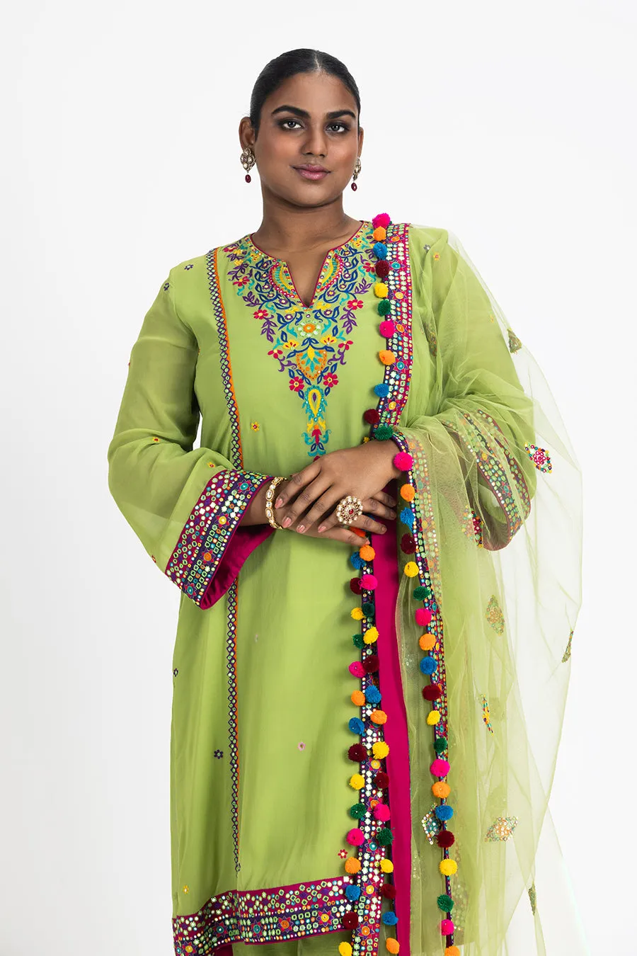 LIME GREEN GEORGETTE KURTA WITH RAW SILK TROUSER AND NET DUPATTA