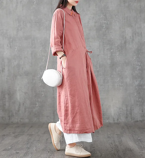 Long Sleeve Summer Spring Linen Women loose Dresses DZA05252