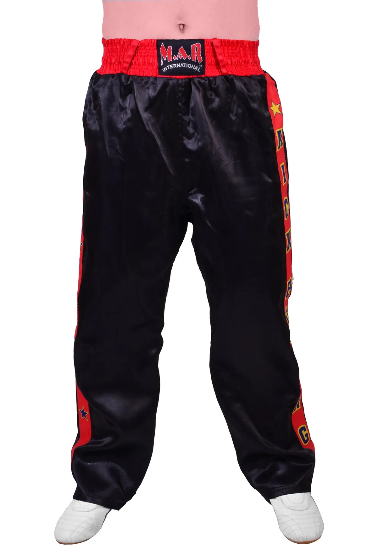 MAR-087B | Black & Red Kickboxing Trousers w/ Embroidered Writing