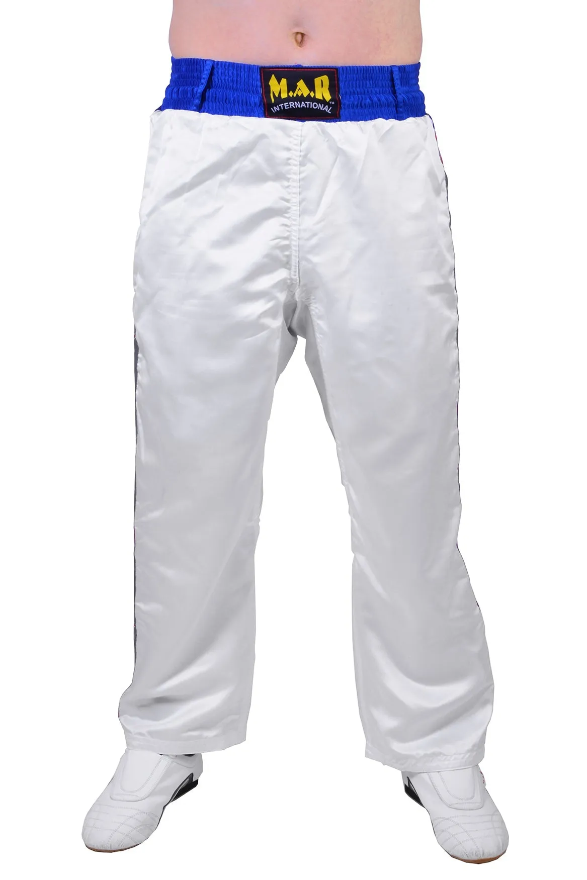 MAR-087D | White & Blue Kickboxing Trousers w/ Embroidered Writing