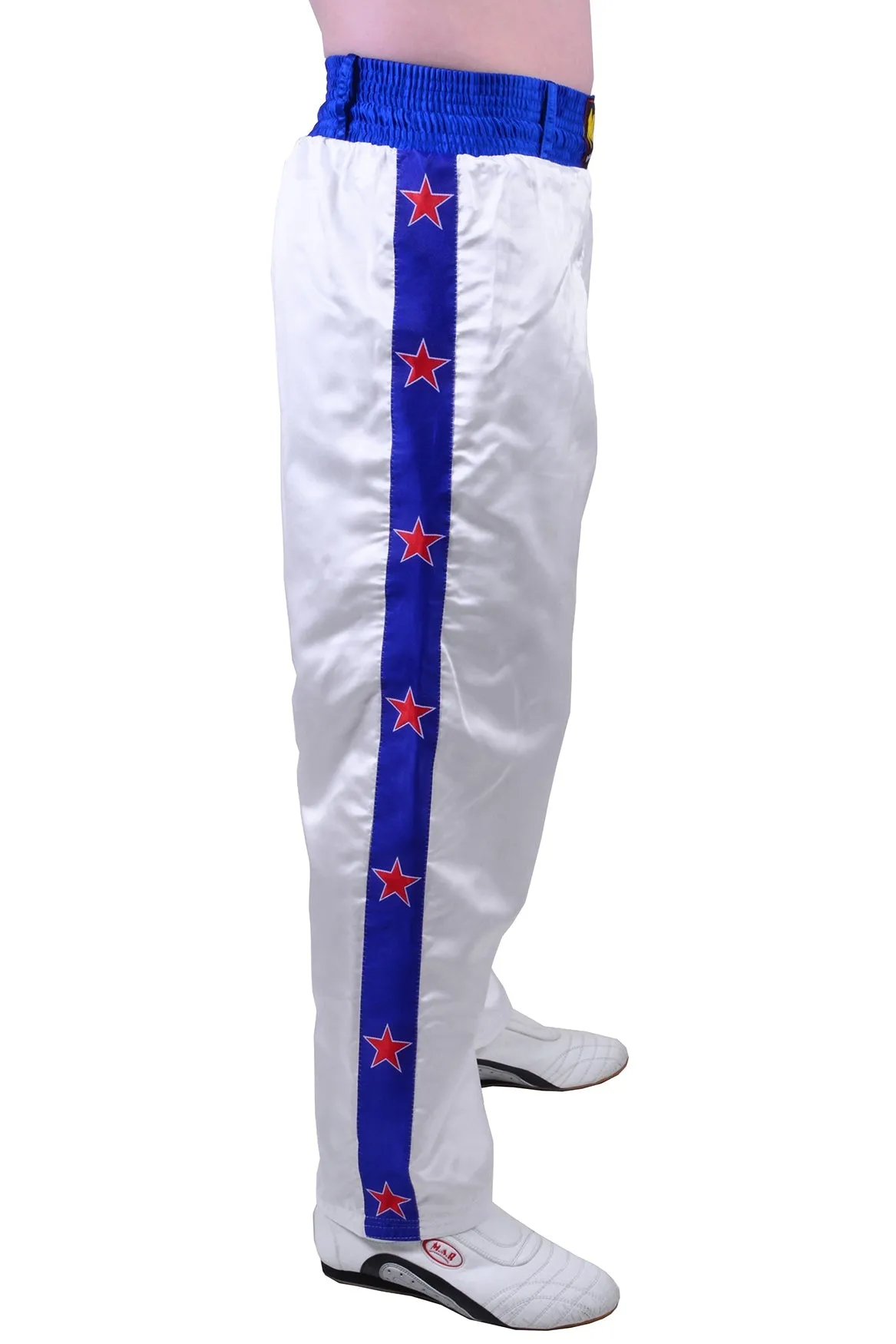 MAR-087D | White & Blue Kickboxing Trousers w/ Embroidered Writing