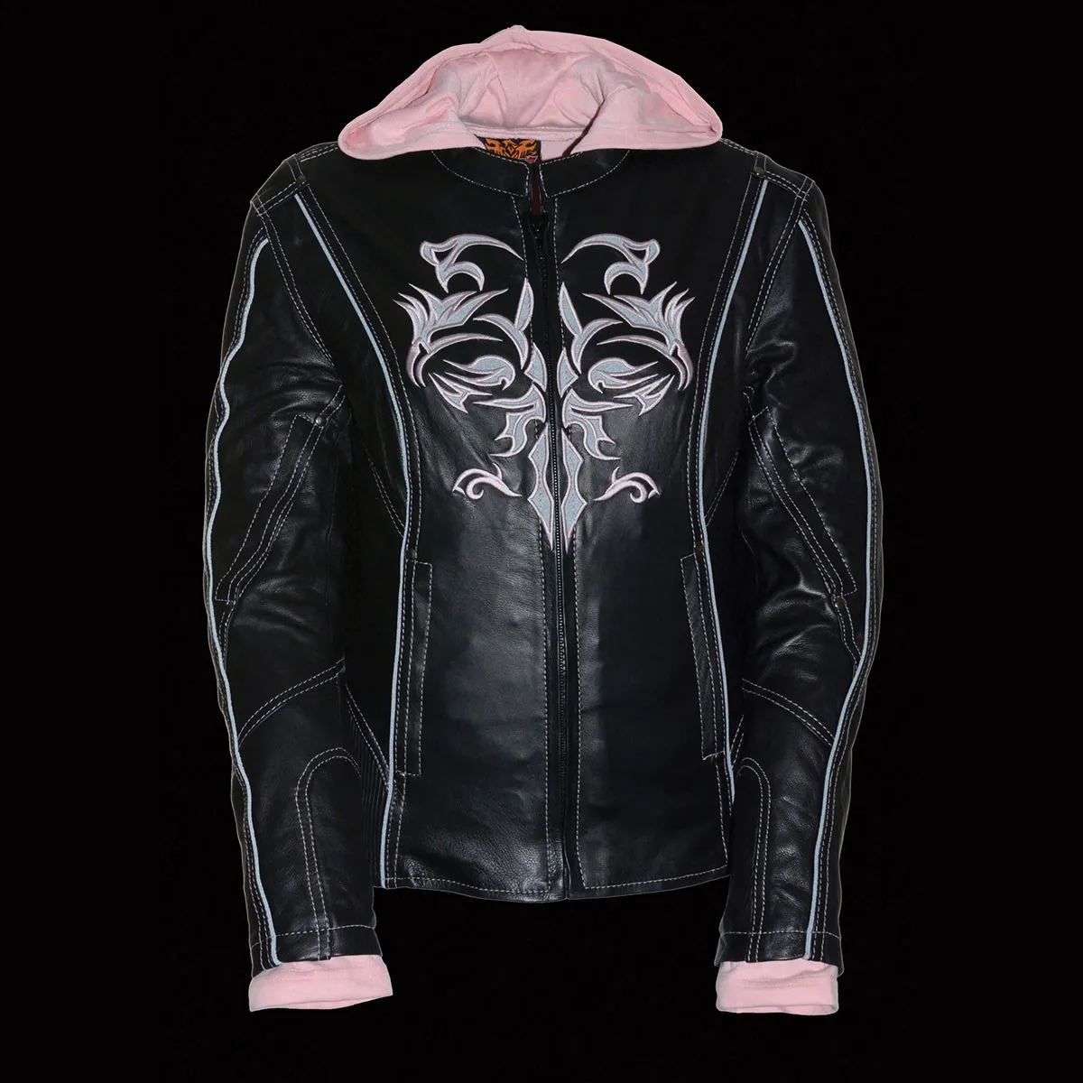 Milwaukee Leather ML2066 Women's 3/4 Black and Pink Leather Hoodie Jacket with Reflective Tribal Design