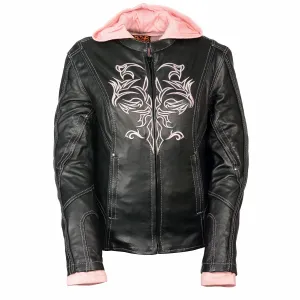 Milwaukee Leather ML2066 Women's 3/4 Black and Pink Leather Hoodie Jacket with Reflective Tribal Design