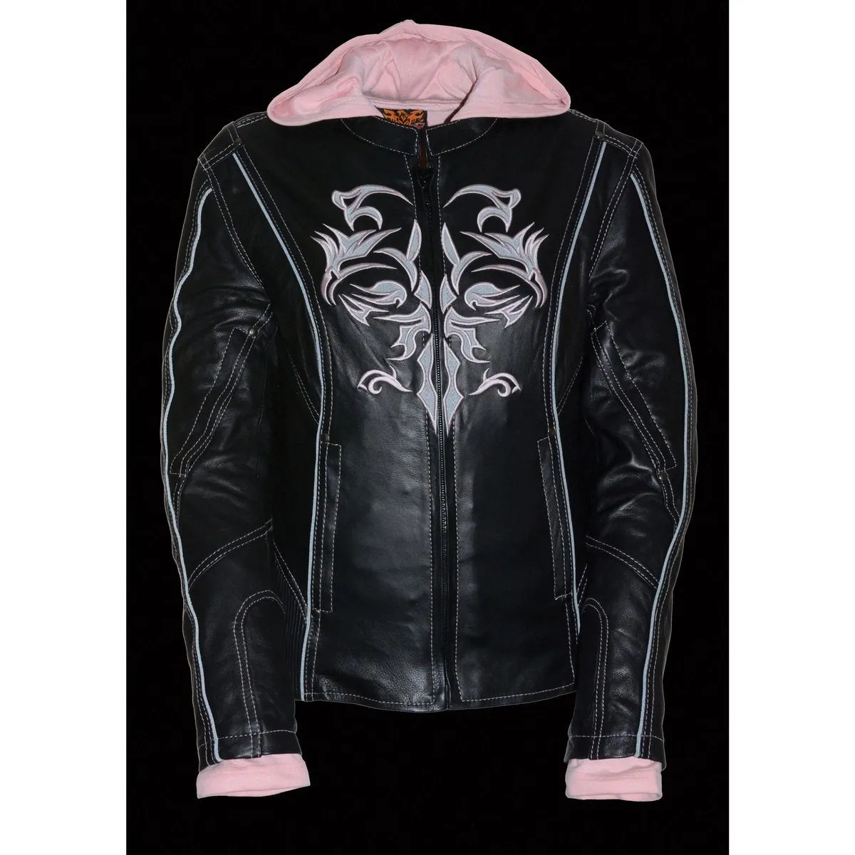 Milwaukee Leather ML2066 Women's 3/4 Black and Pink Leather Hoodie Jacket with Reflective Tribal Design