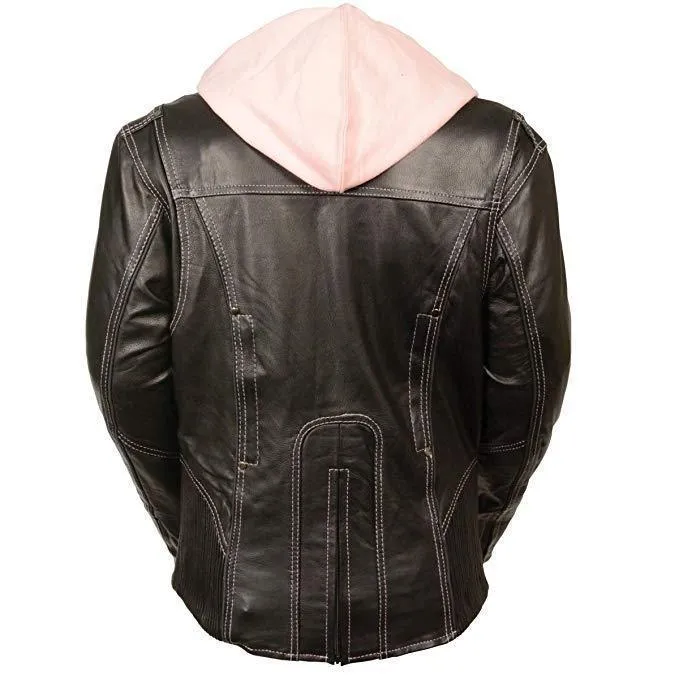 Milwaukee Leather ML2066 Women's 3/4 Black and Pink Leather Hoodie Jacket with Reflective Tribal Design