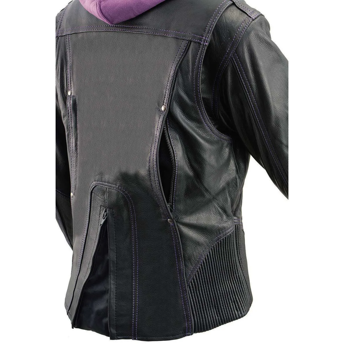 Milwaukee Leather ML2067 Women's 3/4 Black and Purple Leather Hoodie Jacket with Reflective Tribal Design