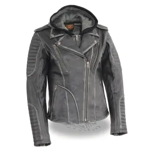 Milwaukee Leather MLL2516 Black Leather Rub-Off Leather Jacket with Hoodie for Women