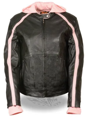 Milwaukee Leather SH1951 Women's Black and Pink Striped Leather Jacket with Zip-Out Hoodie