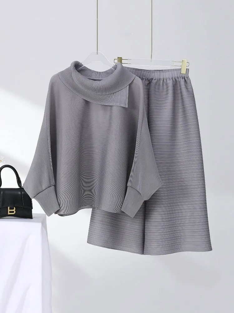 Miyake Pleated Long Sleeve Top and  Wide Leg Pants Set