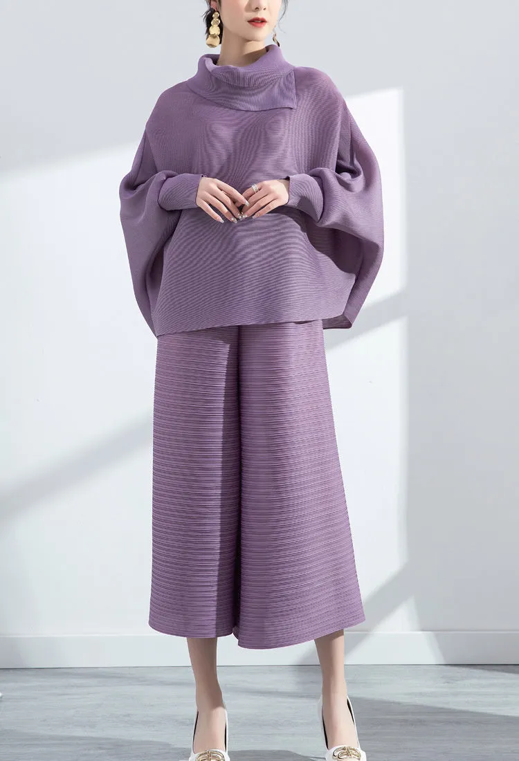 Miyake Pleated Long Sleeve Top and  Wide Leg Pants Set