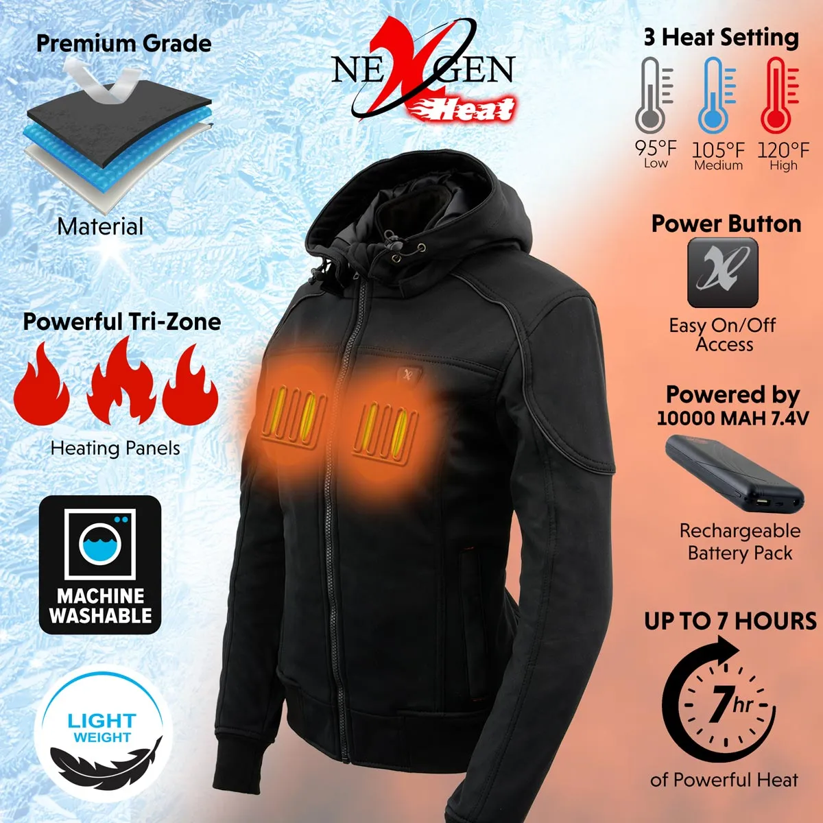 Nexgen Heat MPL2761SET Women's Black 'Heated' Soft Shell Racing Style Heated Jacket for Hiking Riding w/ Battery