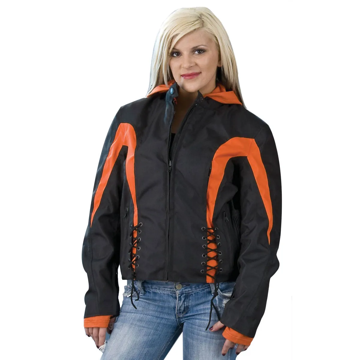 NexGen SH2039 Women's Black and Orange Textile Racer Jacket with Fleece Hoodie