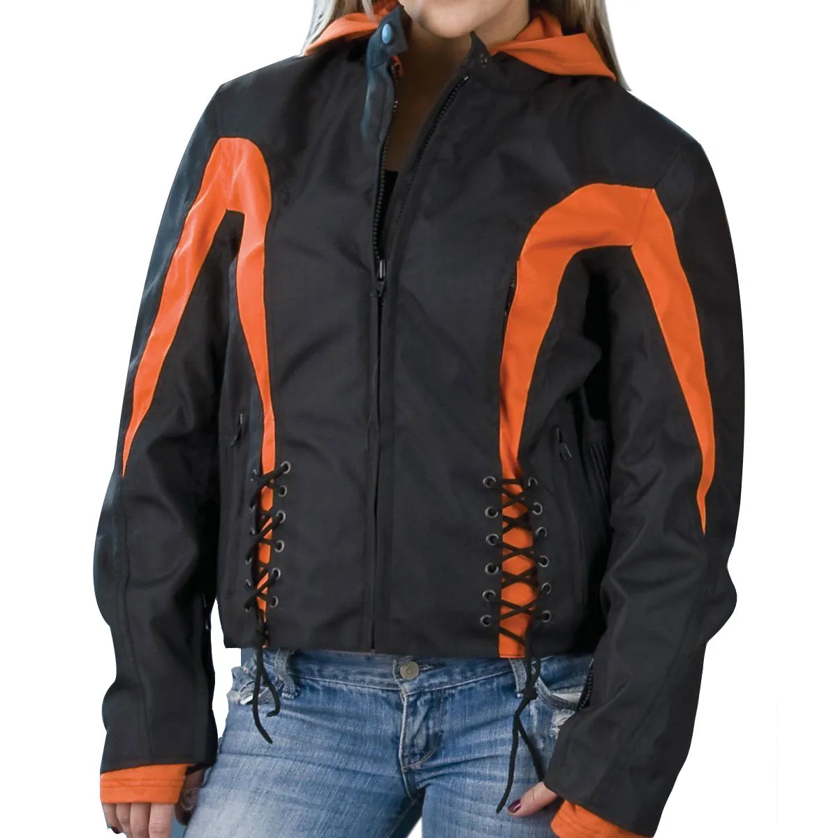 NexGen SH2039 Women's Black and Orange Textile Racer Jacket with Fleece Hoodie