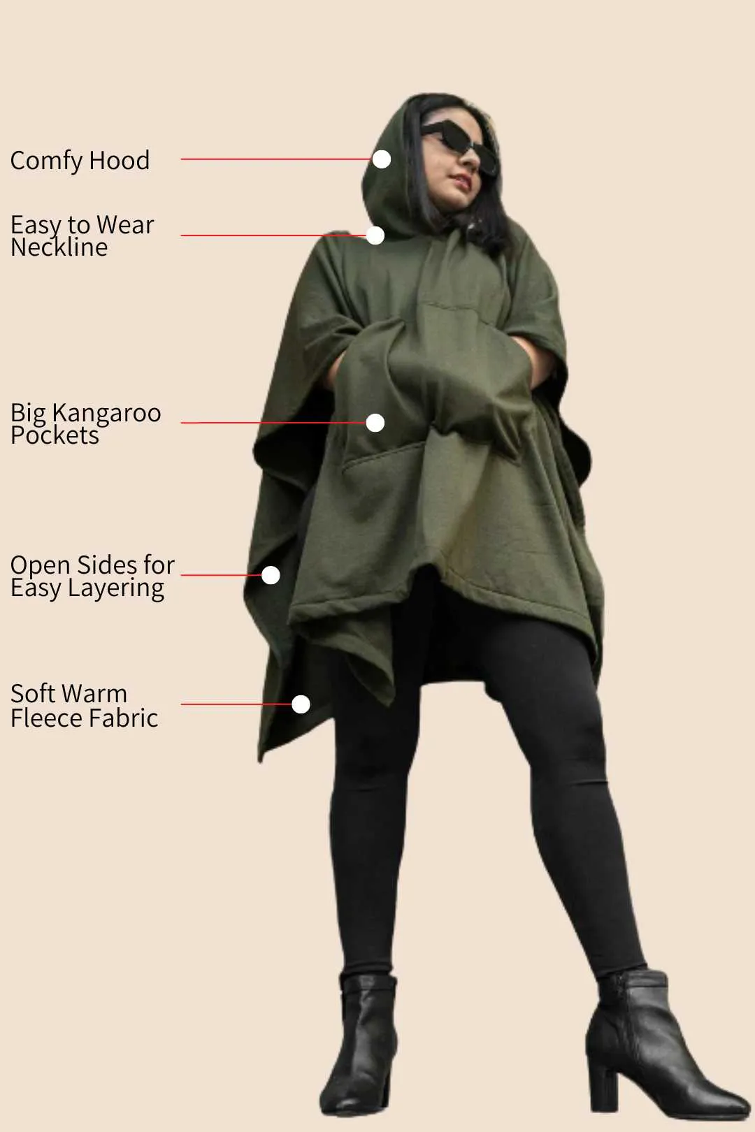 Olive Poncho Hoodie - Solid (Female)