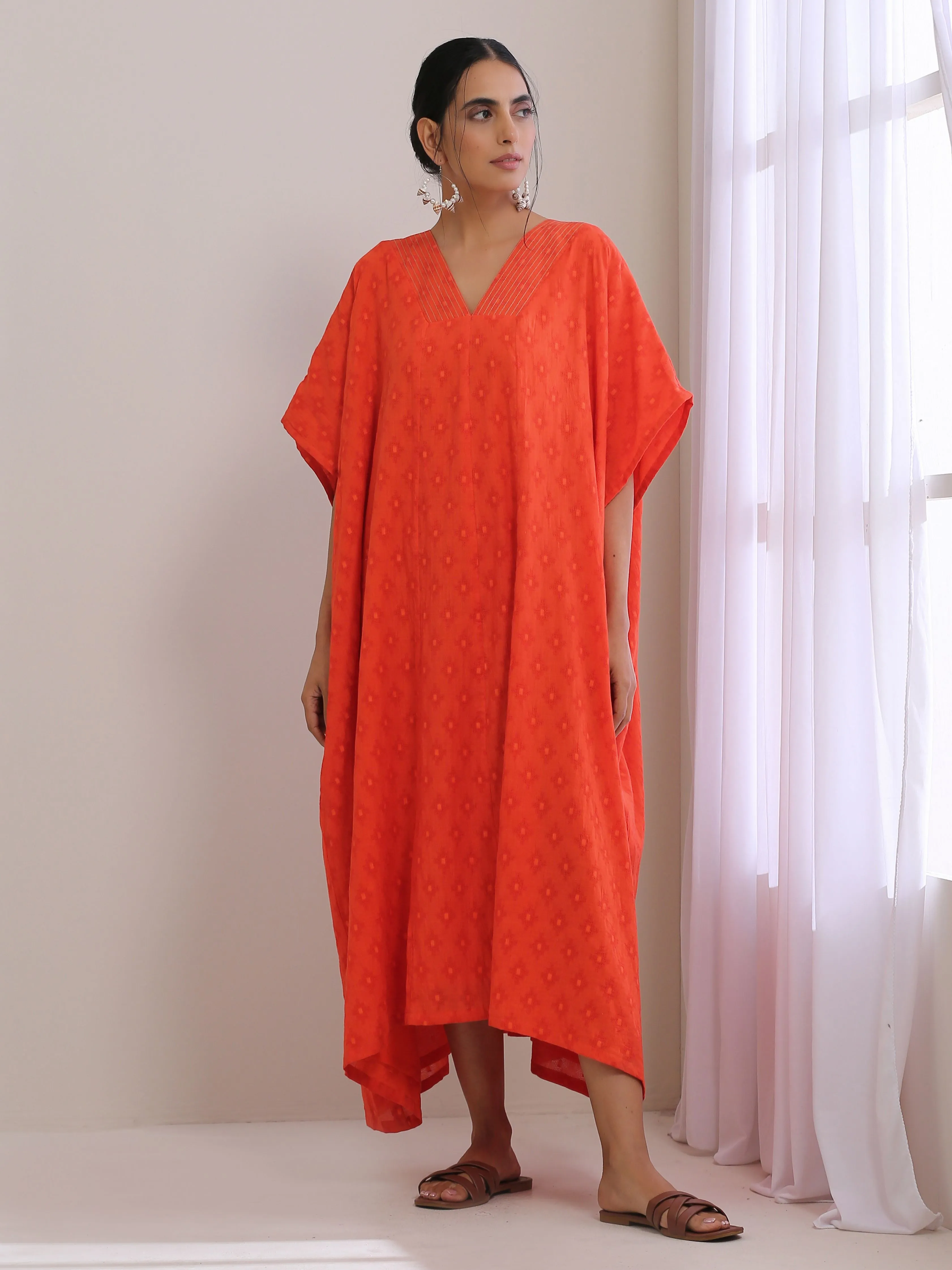 Orange Dobby Panel Kaftan Dress