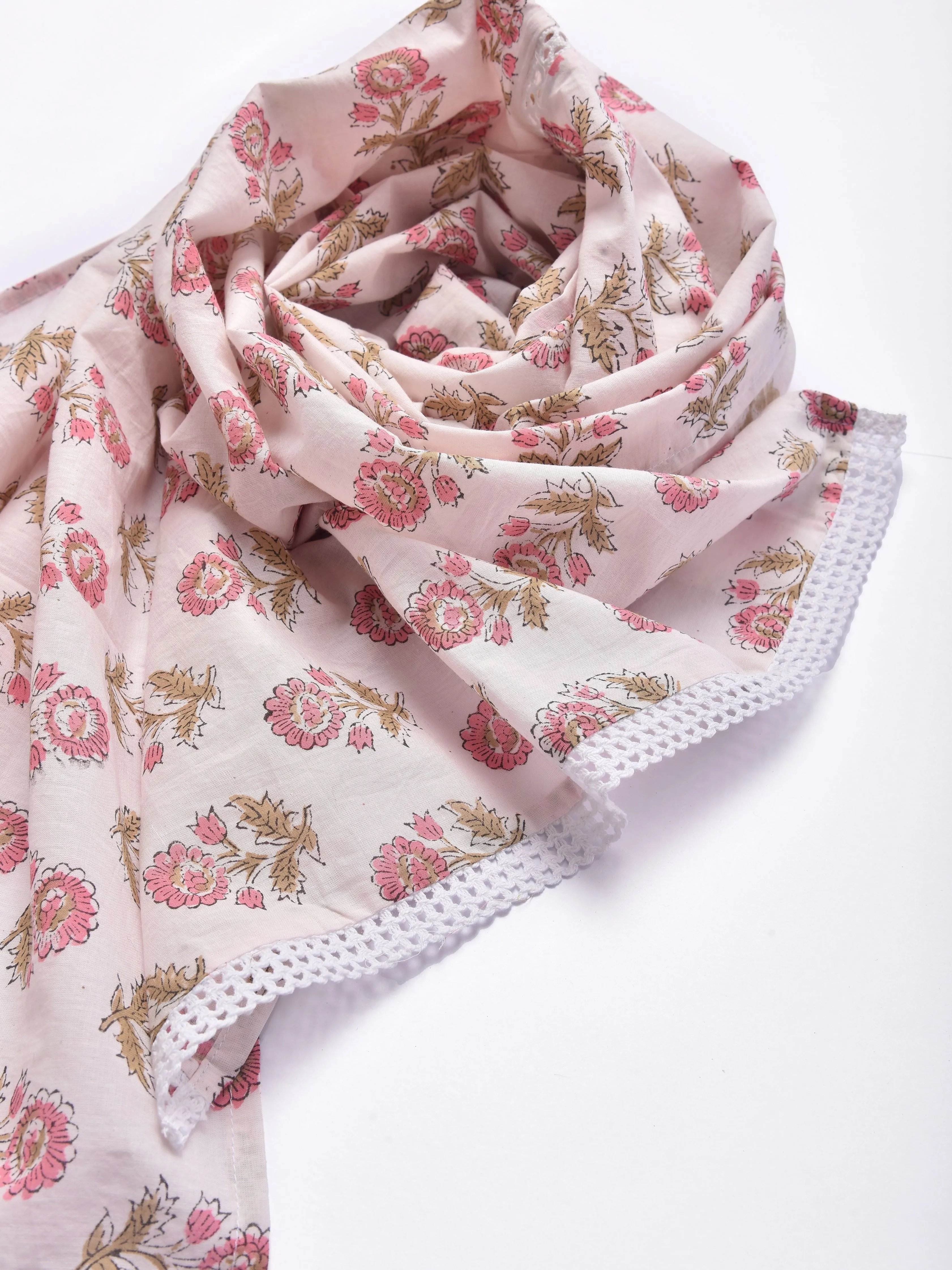 Pink Buta On White Print Cotton Stole