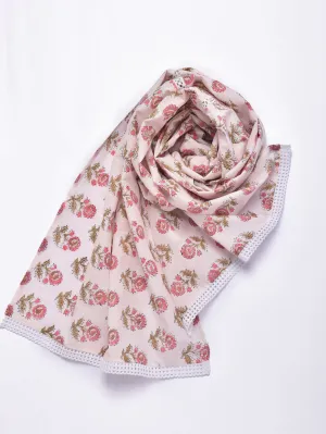 Pink Buta On White Print Cotton Stole