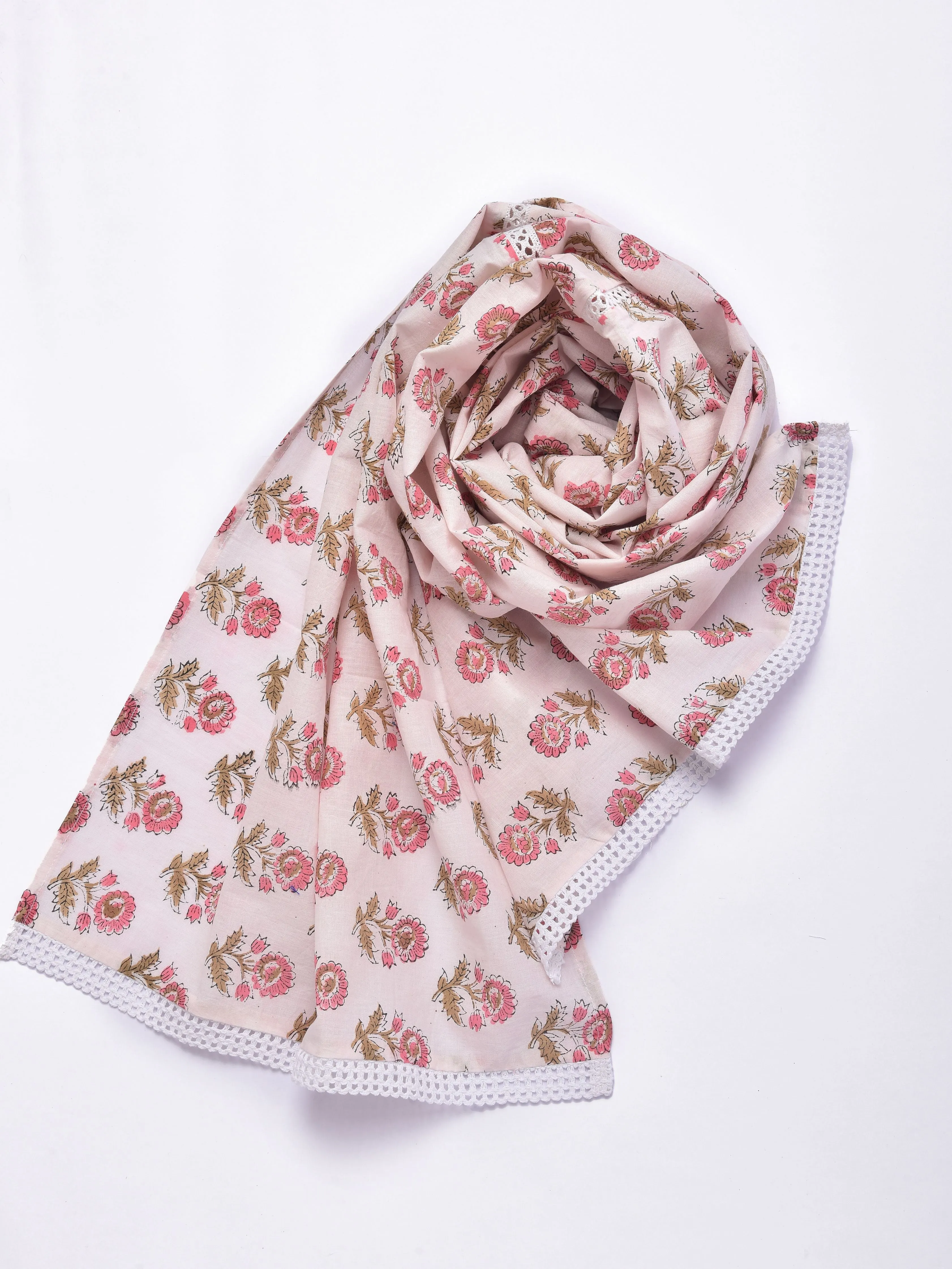 Pink Buta On White Print Cotton Stole