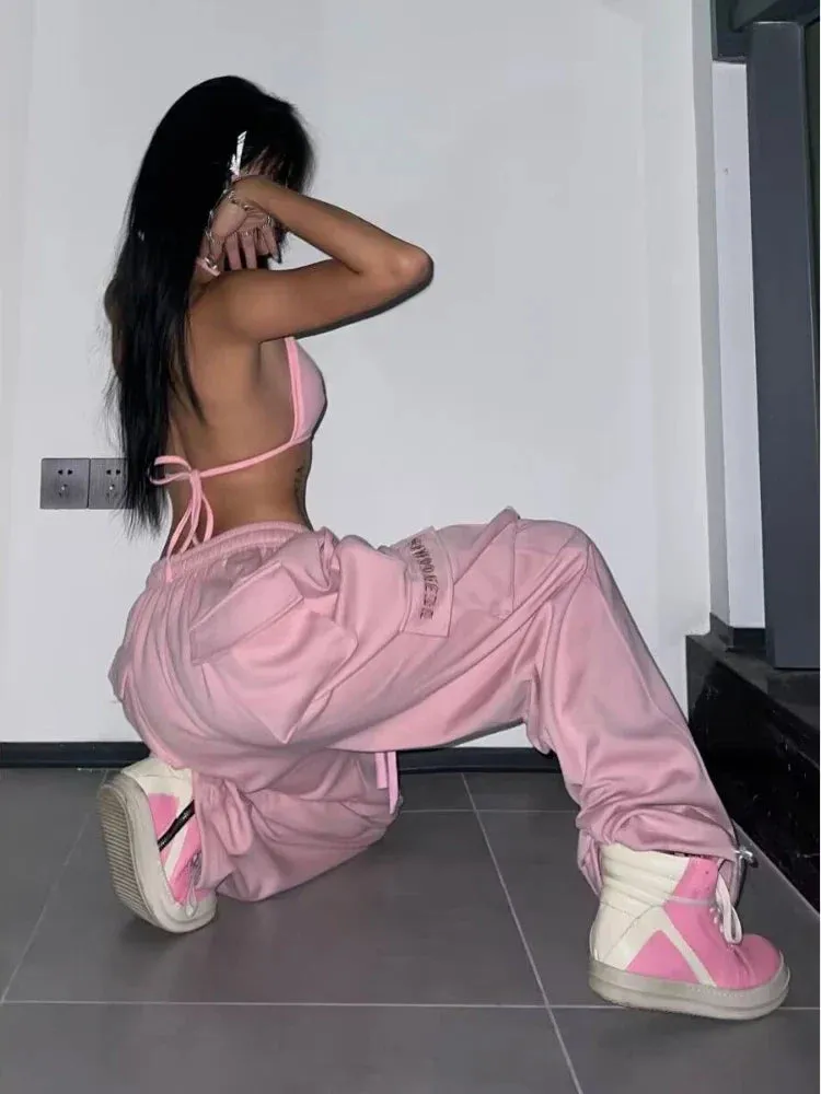 Pink Cargo Pants Women High Waist Baggy Wide Leg Trousers Y2k Streetwear Pants