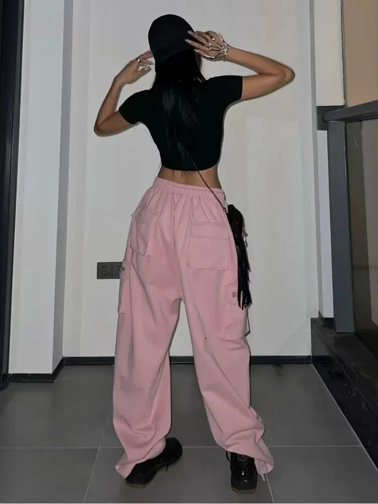 Pink Cargo Pants Women High Waist Baggy Wide Leg Trousers Y2k Streetwear Pants