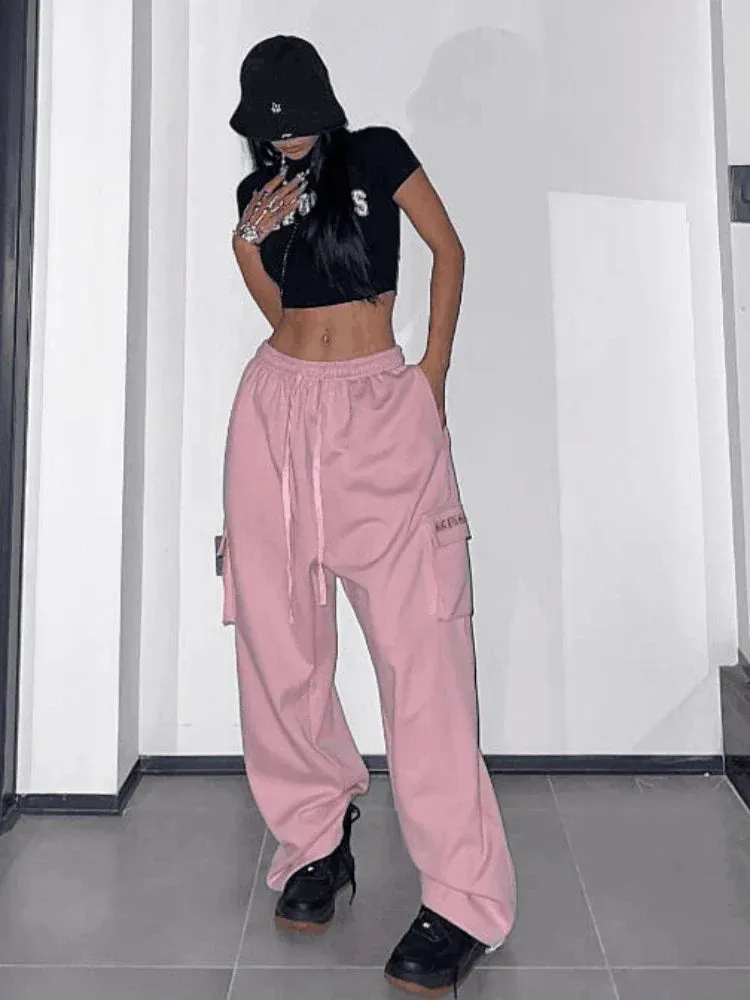 Pink Cargo Pants Women High Waist Baggy Wide Leg Trousers Y2k Streetwear Pants