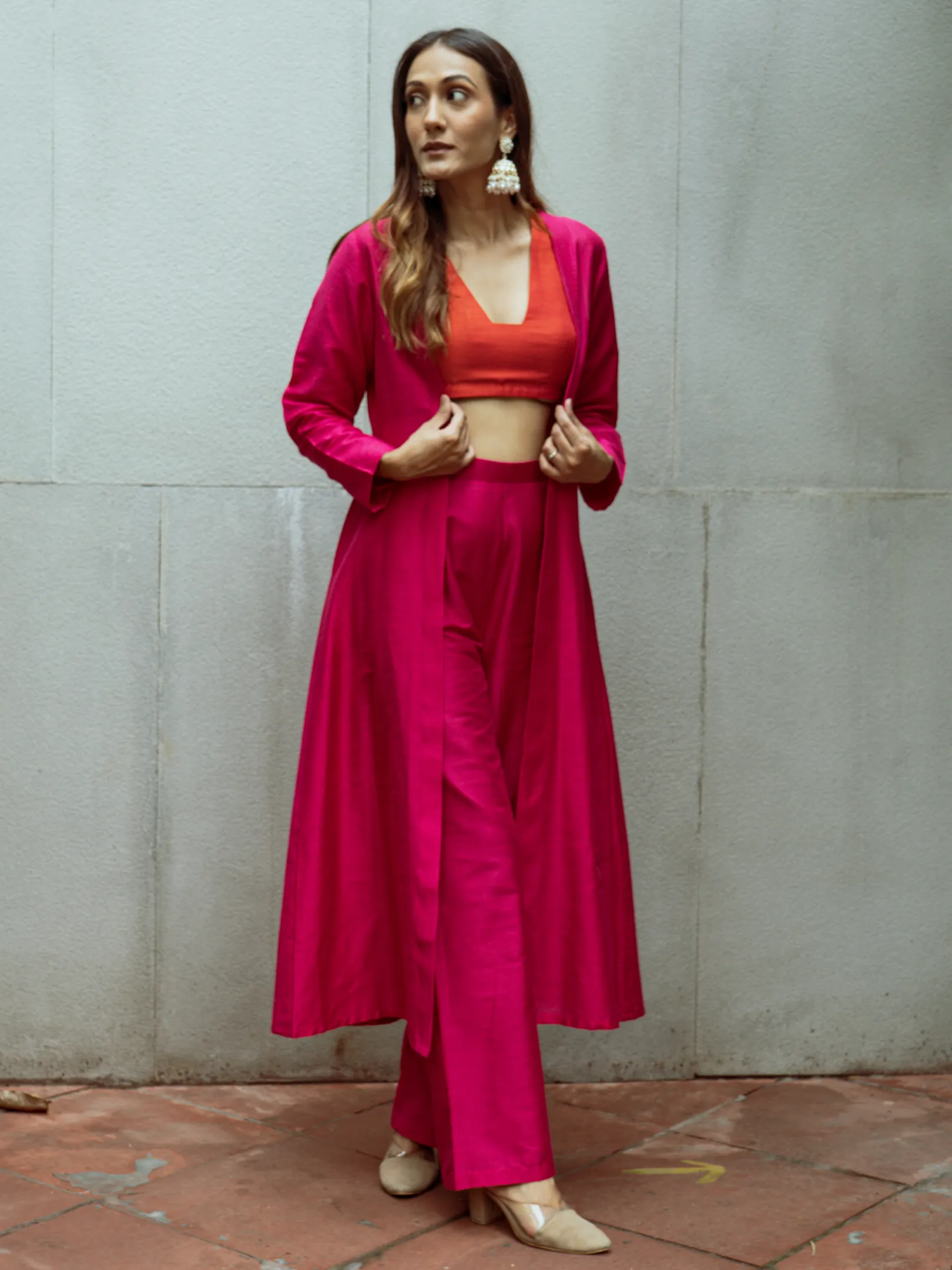 Pink Dupion Silk Overlay Jacket Blouse Pant Set