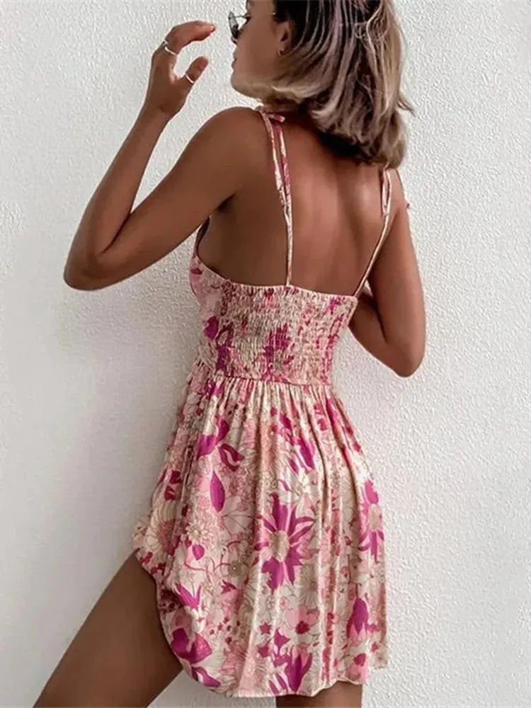 Pink Flower Print Bohemian Beach Style Ruffled Backless Mini Dress