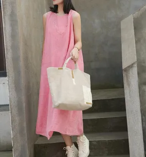 Pink Sleeveless Women Summer Linen Dresses Soft Washed Summer Long Women Dresses 57292