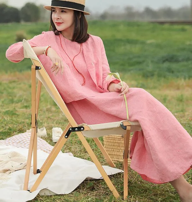 Pink Sleeveless Women Summer Linen Dresses Soft Washed Summer Long Women Dresses 57292