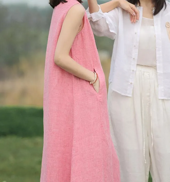 Pink Sleeveless Women Summer Linen Dresses Soft Washed Summer Long Women Dresses 57292