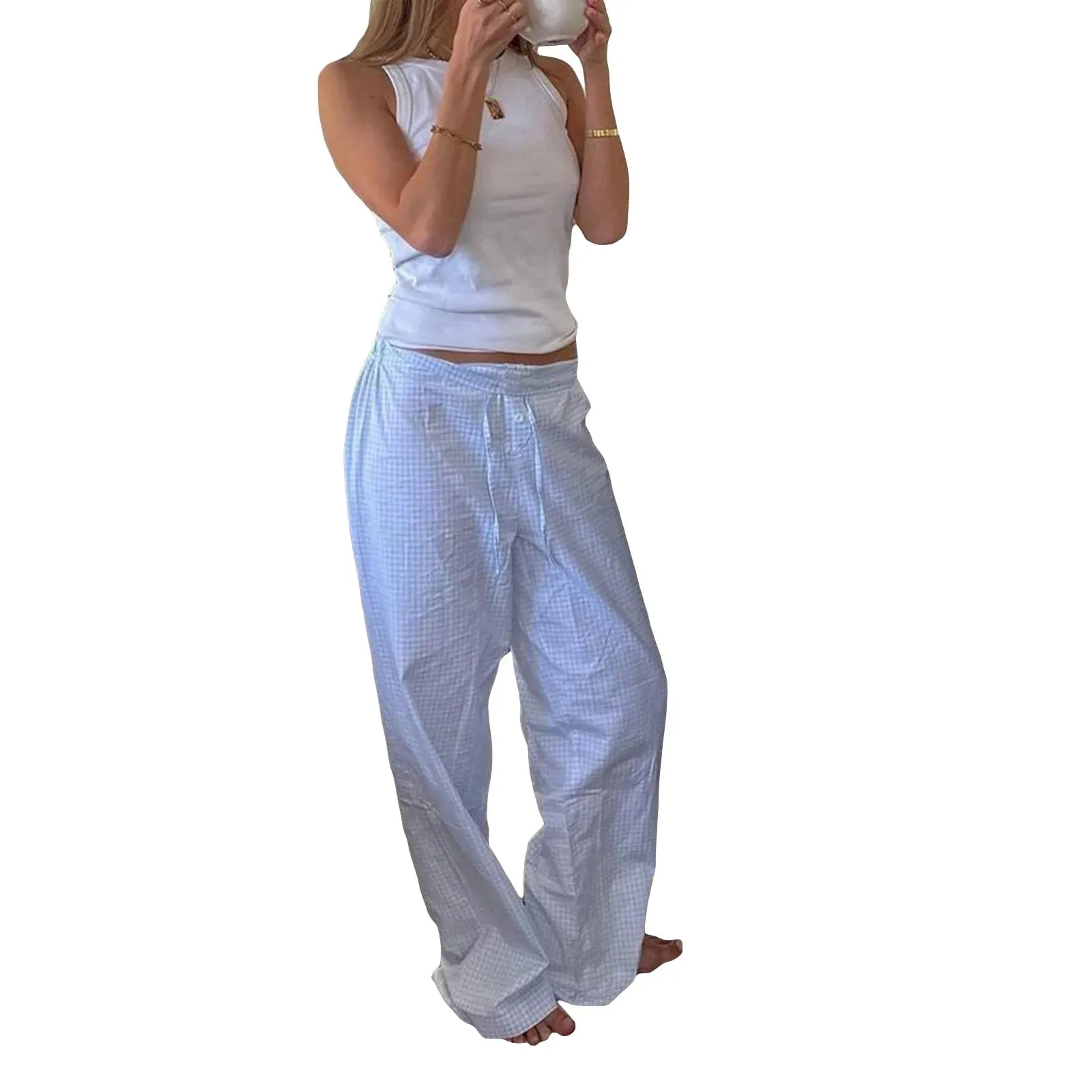 Plaid Printed Elastic High Waist Loose Straight Wide Leg Y2K Casual Pants