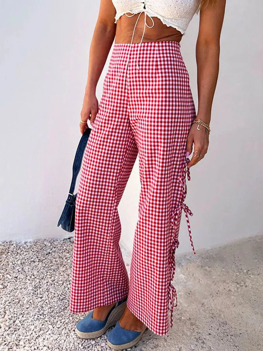 Plaid Tie-Up Hollow-Out Loose Spring Summer Casual Wide-Leg Pants