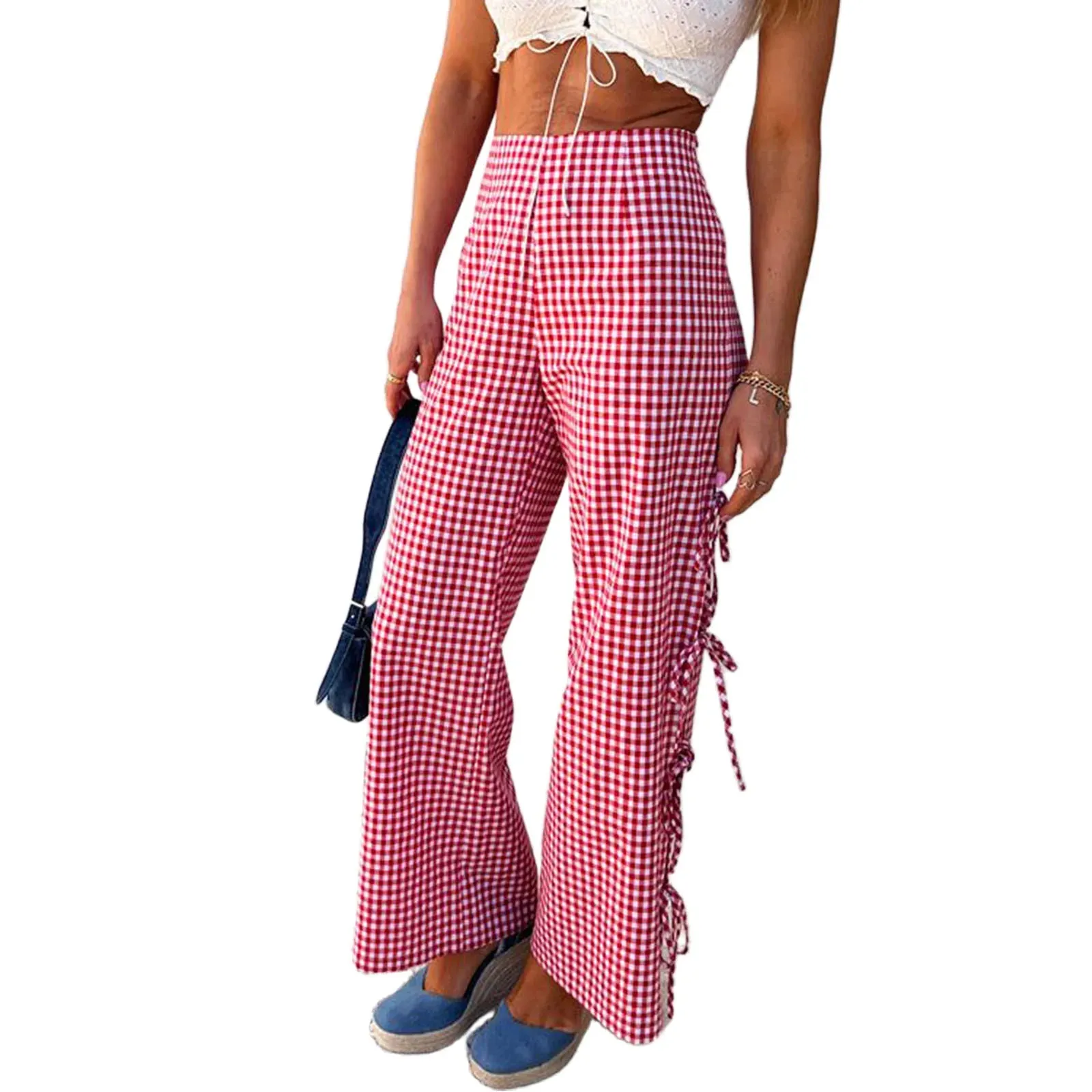 Plaid Tie-Up Hollow-Out Loose Spring Summer Casual Wide-Leg Pants