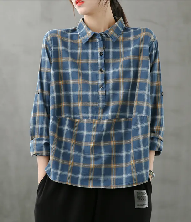 Plaid Women Casual Blouse Cotton Linen Shirts Tops DZA200862