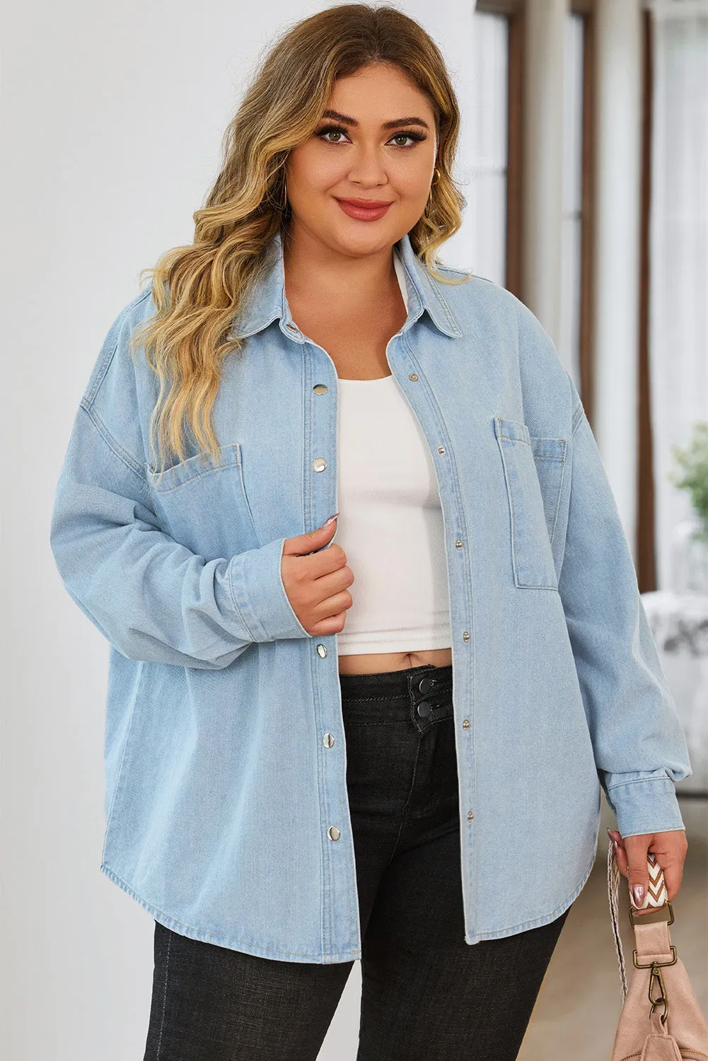 Plus Size Snap Down Pocketed Denim Jacket - 2 Colors