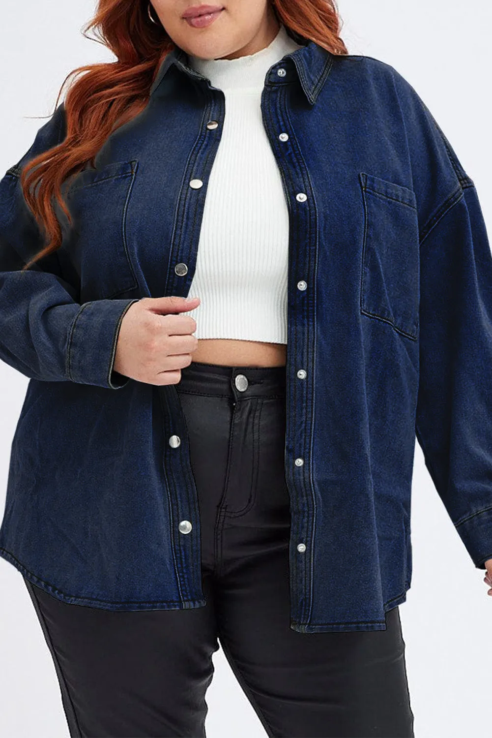 Plus Size Snap Down Pocketed Denim Jacket - 2 Colors