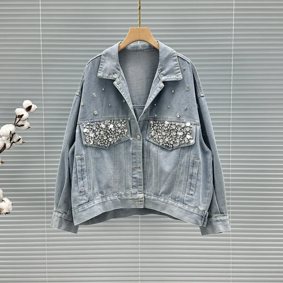 Pre Order:  Diamond Studded Long Sleeved Loose Denim Jacket