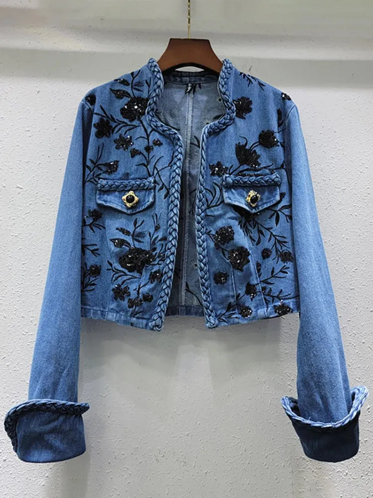 Pre Order:  Embroidery Sequins Flowers Buttonless Irregular Collar Twist Jacket