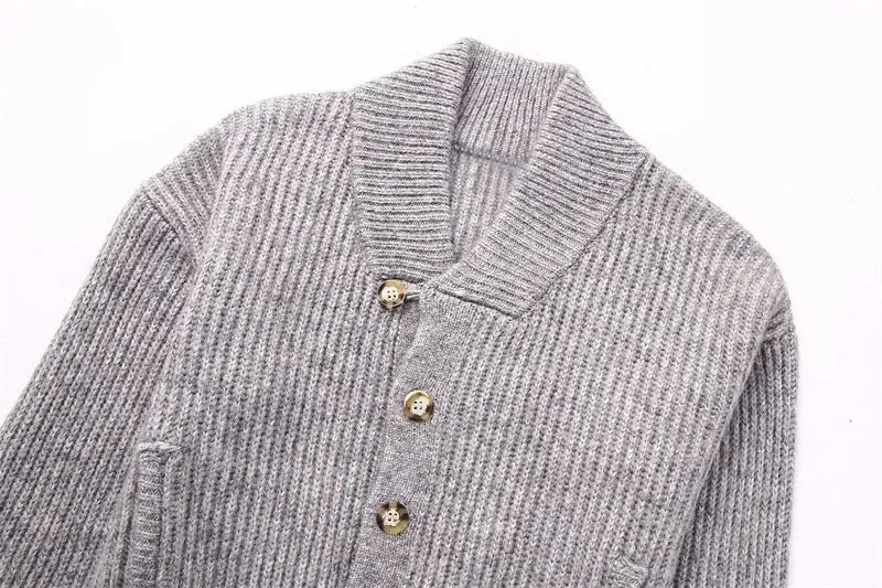 Pre Order:  Knitted V-Neck Cardigan Gray Bomber Jacket