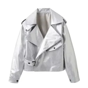 Pre Order:  Silver Oversized PU Leather Jacket