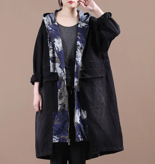 Print Denim Hooded A-line Long Women Casual Parka Plus Size Fall Coat Jacket JT200945