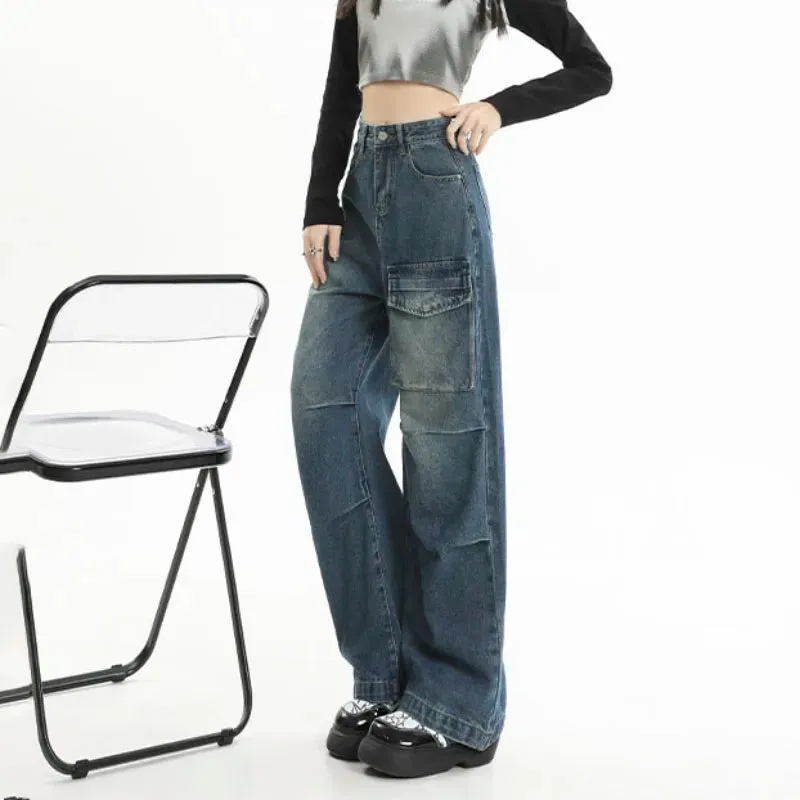 Punk Grunge Streetwear High Waist Wide Leg Jeans with Pockets