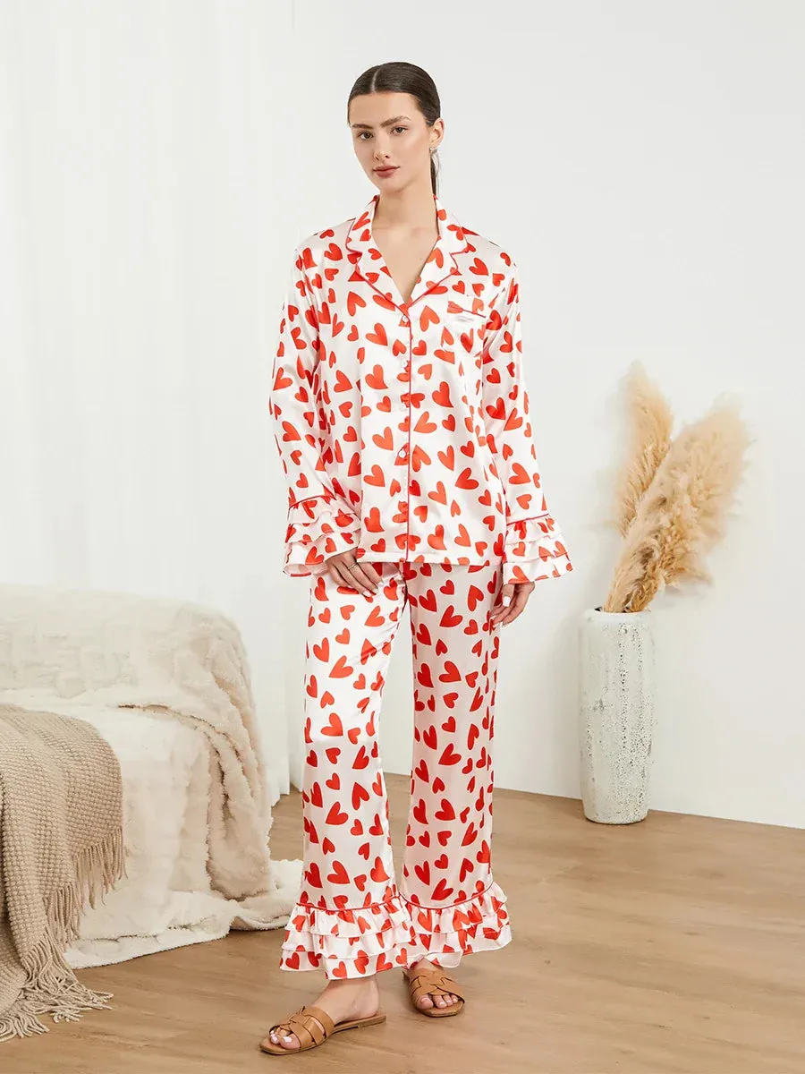 Ruffle Long Sleeve Heart Print Button Up Shirt Pants Sleepwear Satin Pajamas