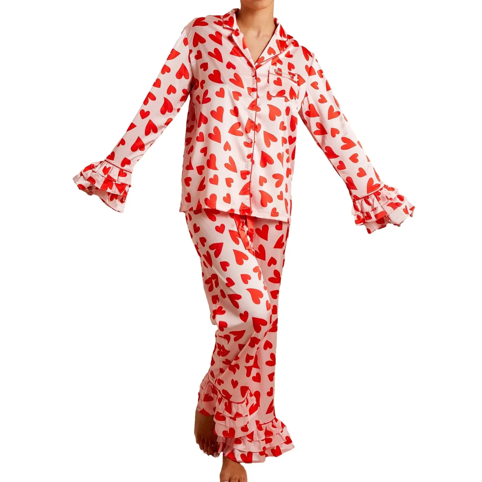 Ruffle Long Sleeve Heart Print Button Up Shirt Pants Sleepwear Satin Pajamas